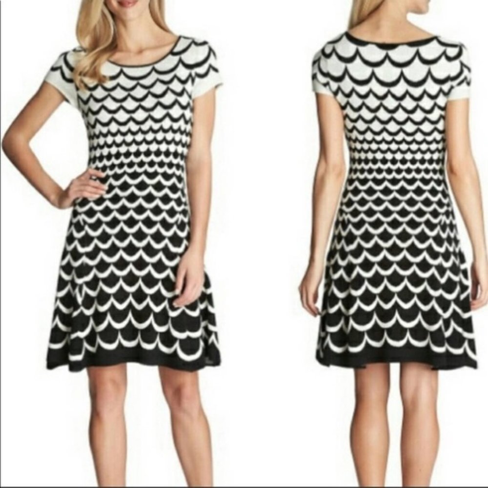 CeCe Black and White Scallop Midi Dress